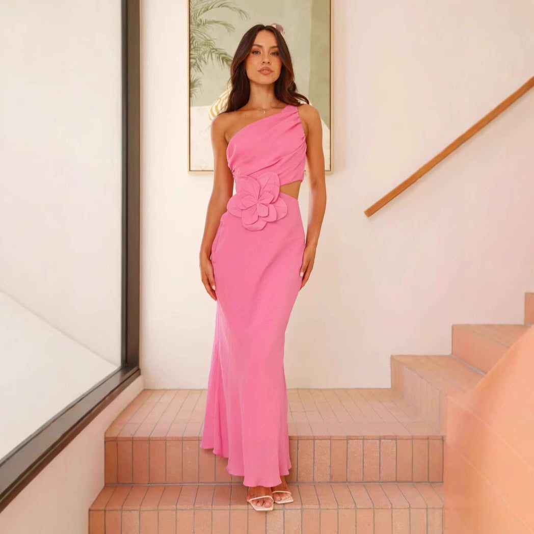 One-Shoulder Wedding Guest Maxi Dress with Floral Detail for Women - View 2