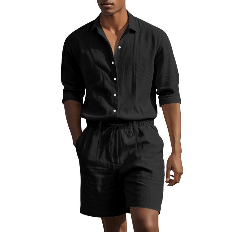 Linen Revere Collar Shirt with Drawstring Shorts Set for Men - View 4