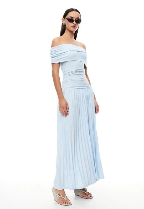 Off-Shoulder Pleated Wedding Guest Maxi Dress for Women - View 18