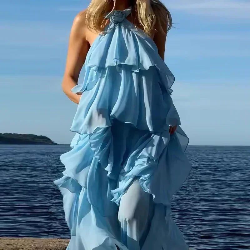 Halterneck Tiered Wedding Guest Maxi Dress for Women - Blue