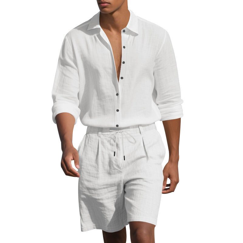 Linen Revere Collar Shirt with Drawstring Shorts Set for Men - White