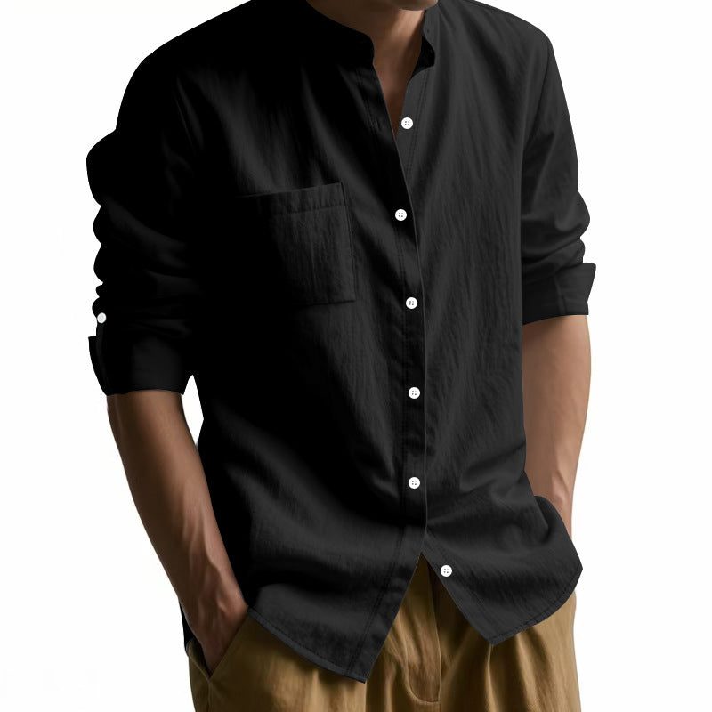 Linen Long Sleeve Shirt with Breast Pocket for Men - View 2