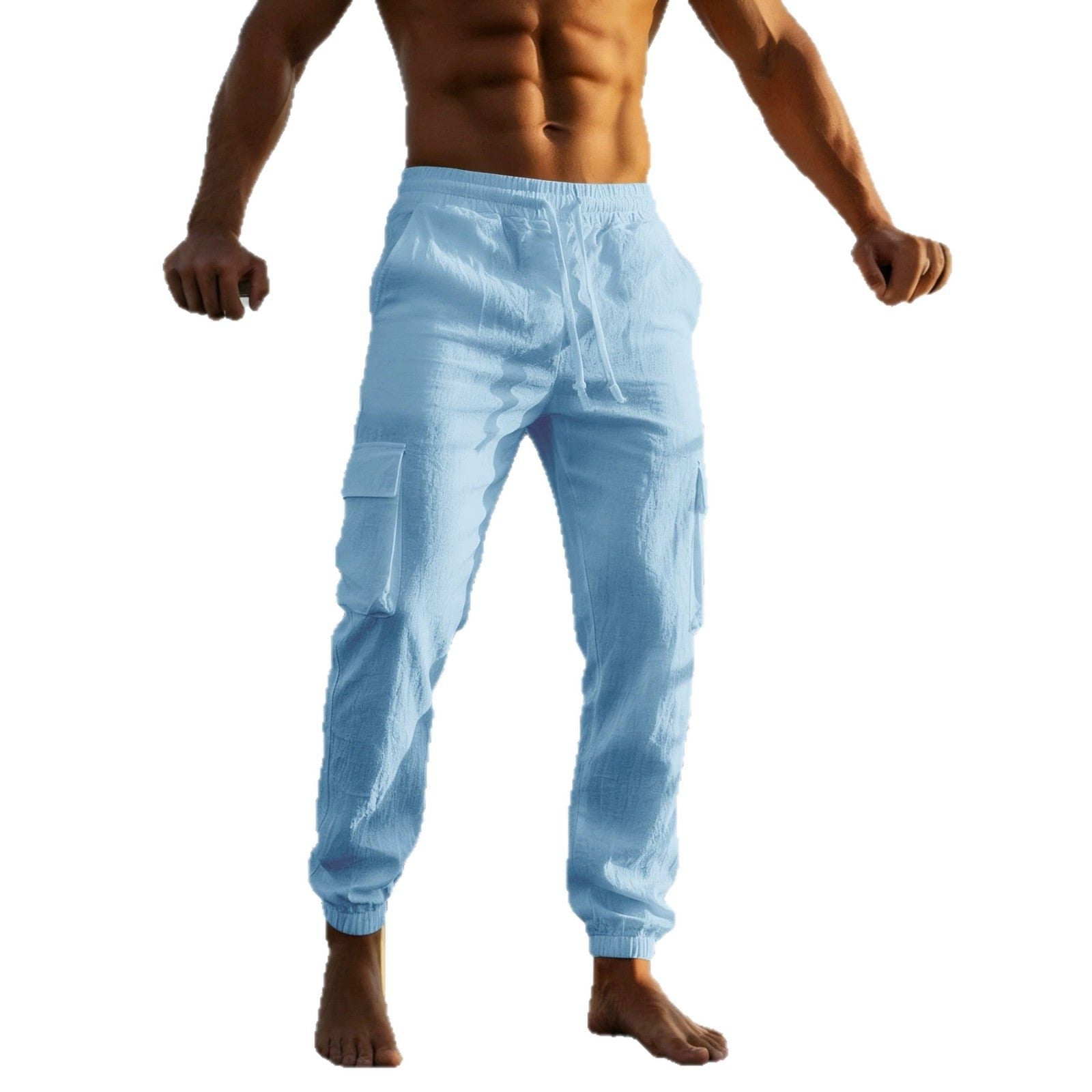 Linen Cargo Joggers with Elasticated Waist for Men - View 5