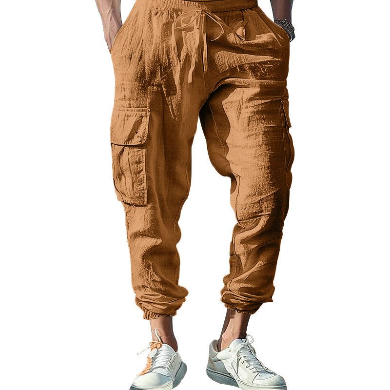 Linen Cargo Joggers with Drawstring for Men - Ochre