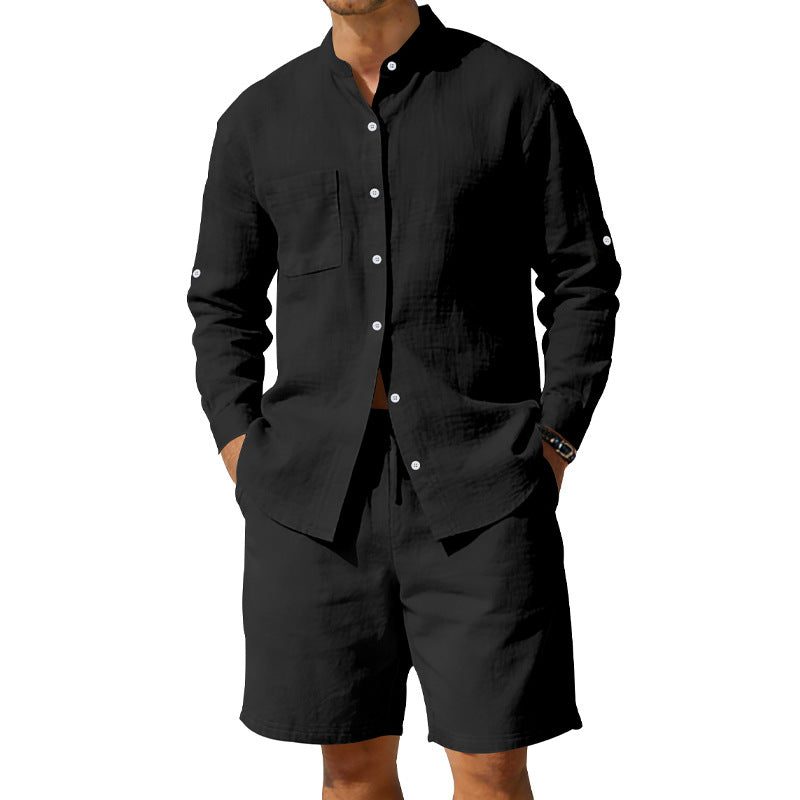 Linen Stand Collar Shirt and Drawstring Shorts Set for Men - View 2