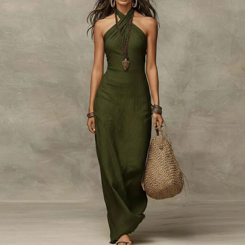 Halterneck Maxi Linen Dress for Women - Green
