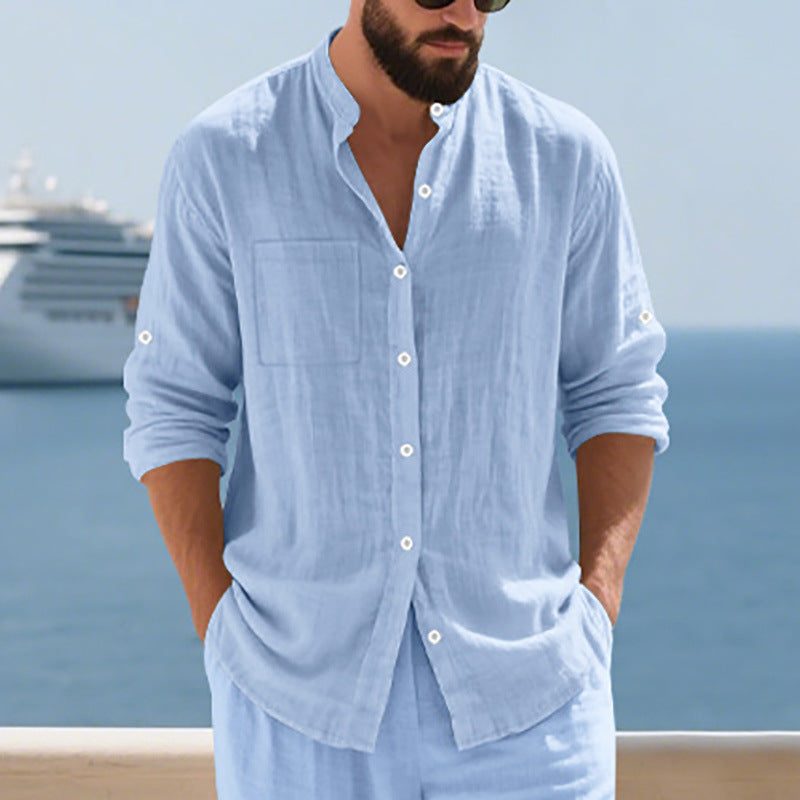 Linen Button-Down Shirt with Chest Pockets for Men - View 5