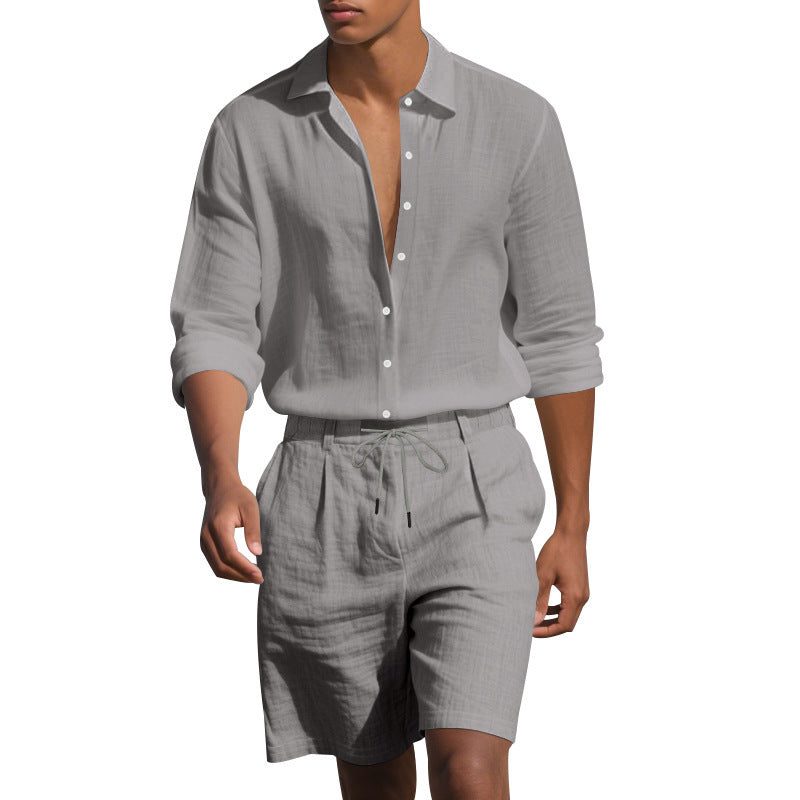 Linen Revere Collar Shirt with Drawstring Shorts Set for Men - Grey