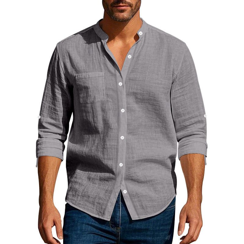 Linen Long Sleeve Shirt with Breast Pocket for Men - Grey