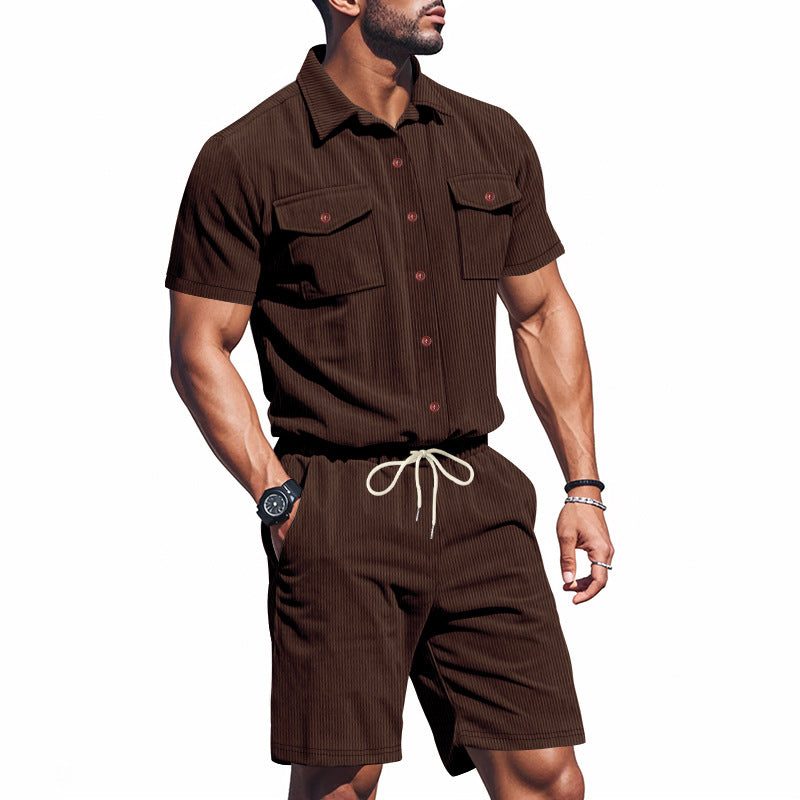 Short Sleeve Shirt and Shorts Set for Men - Brown