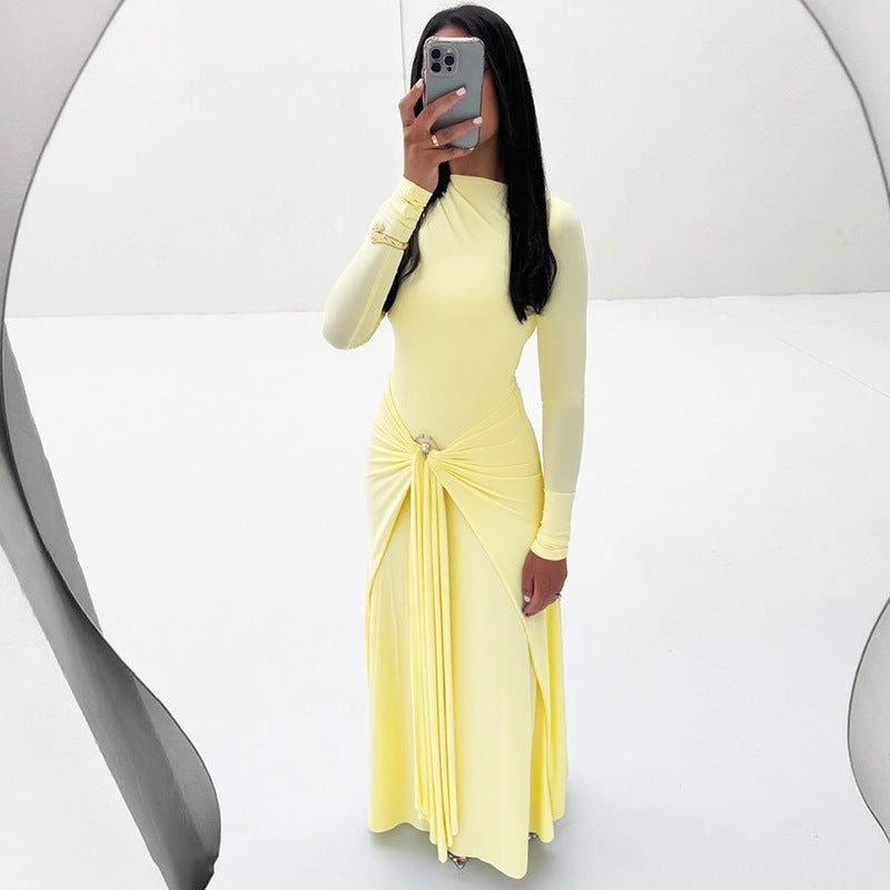 Long Sleeve Draped Waist Wedding Guest Maxi Dress for Women - Yellow