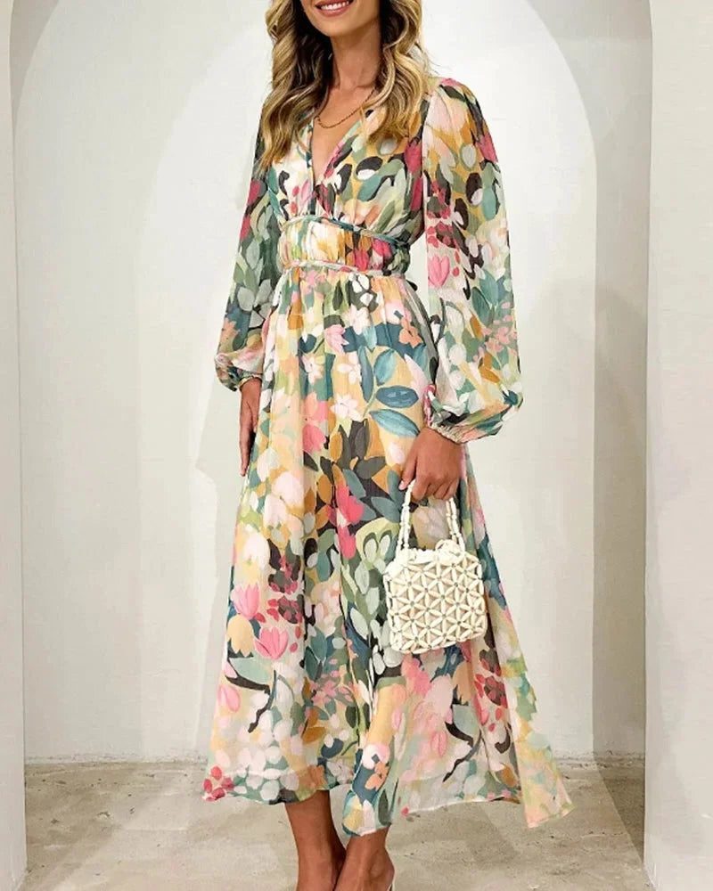 Floral V-Neck Long Sleeve Wedding Guest Maxi Dress for Women - View 3