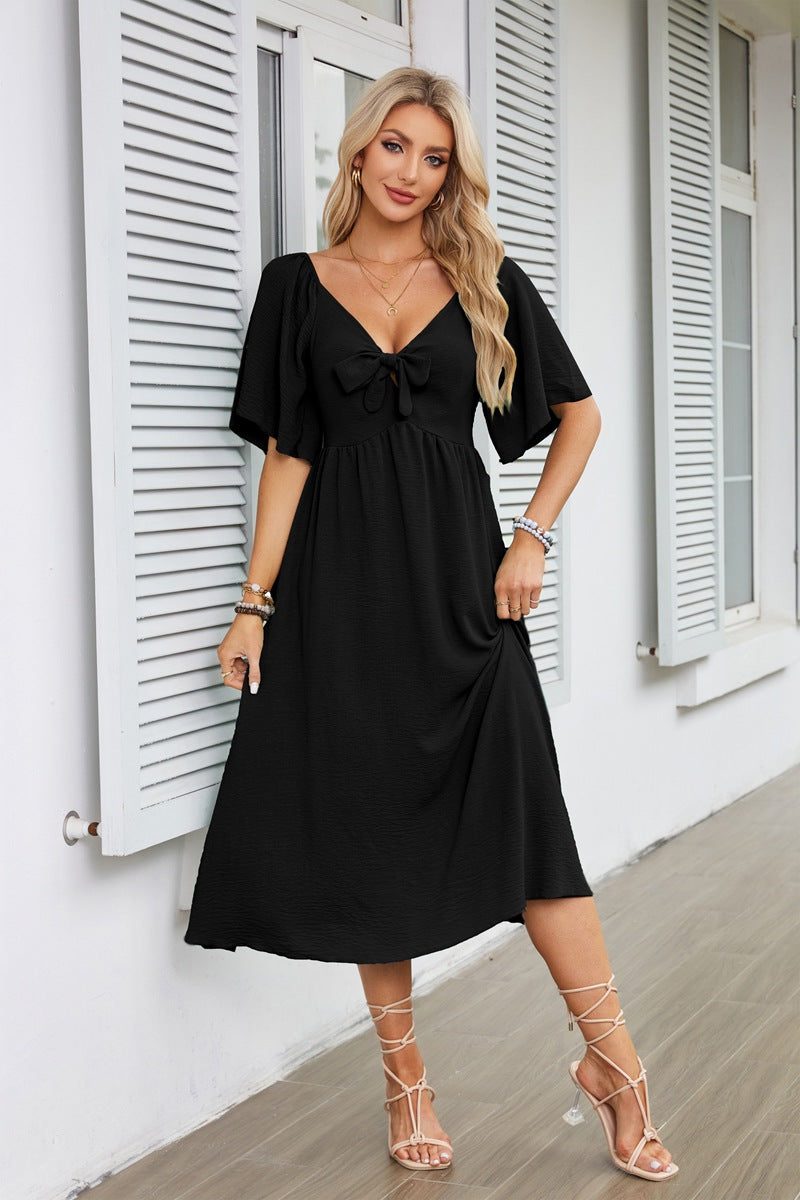 V-Neck Tie Front Wedding Guest Midi Dress for Women
