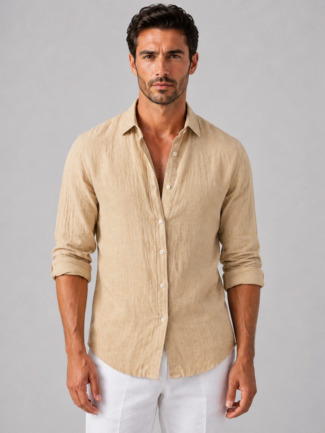 Linen Look Relaxed Fit Button-Up Shirt for Men - Beige