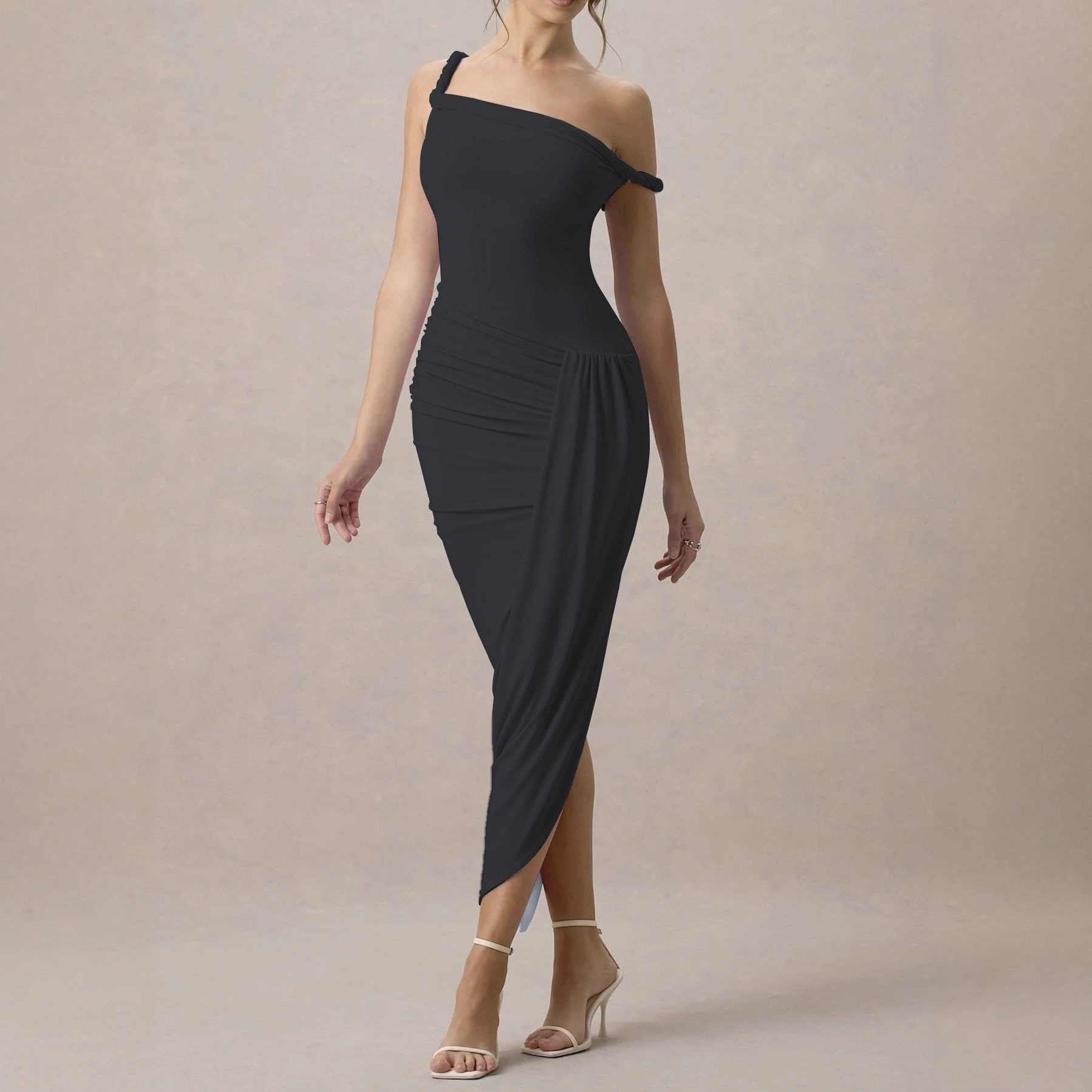 One-Shoulder Gathered Wedding Guest Maxi Dress for Women - Black