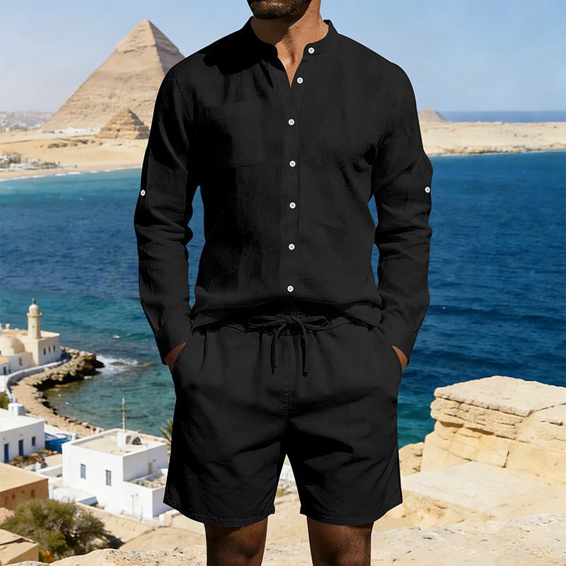 Linen Stand Collar Shirt and Drawstring Shorts Set for Men - Black