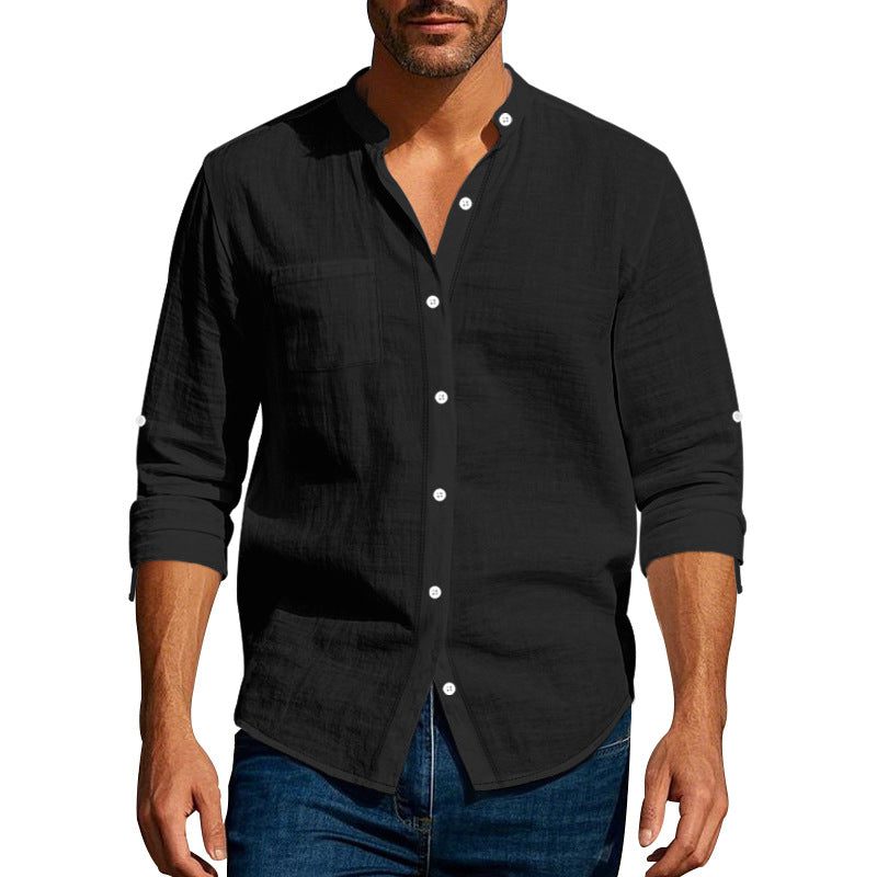 Linen Long Sleeve Shirt with Breast Pocket for Men - Black