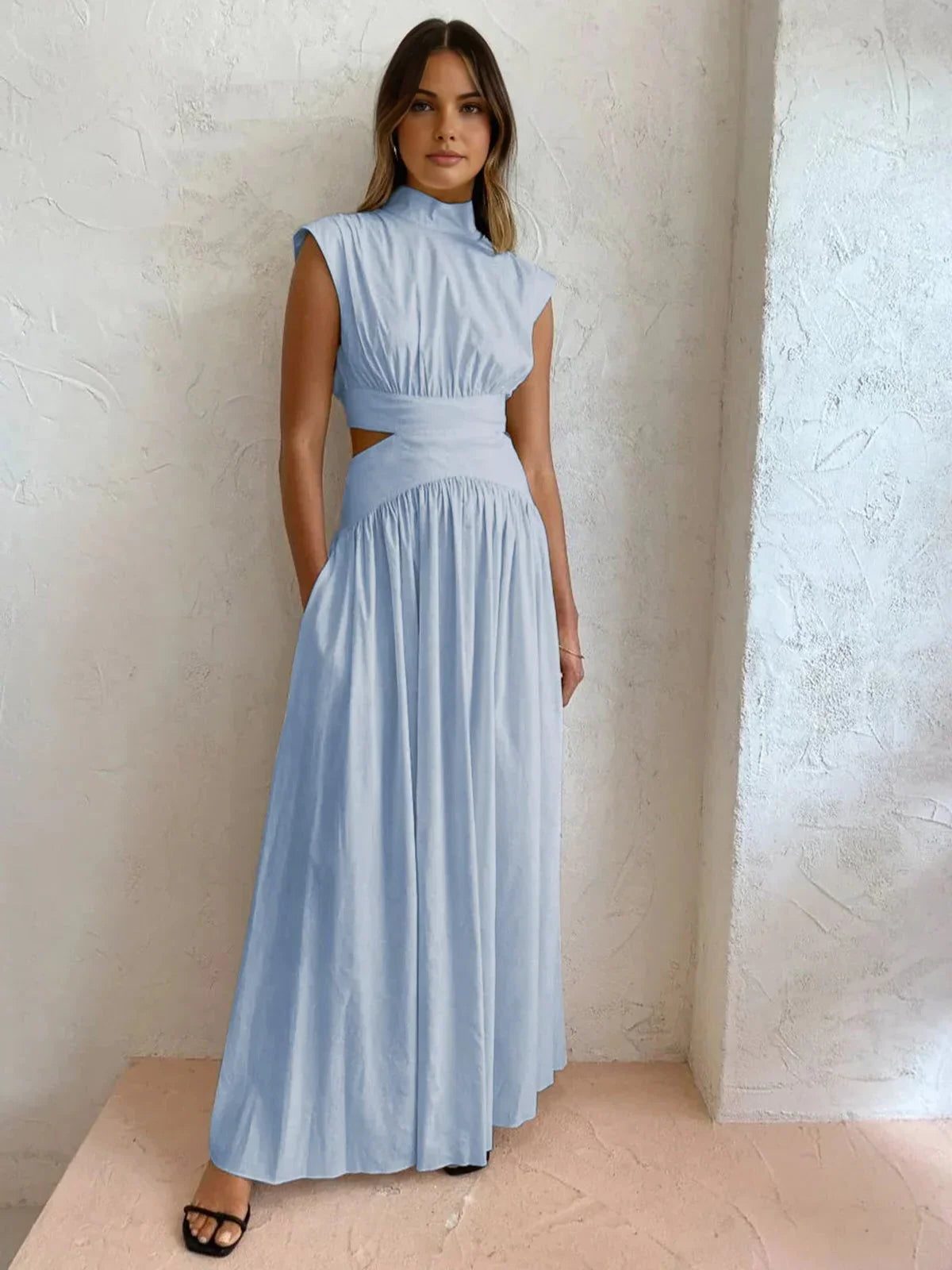 Stand Collar Cutout Wedding Guest Maxi Dress for Women - Light Blue