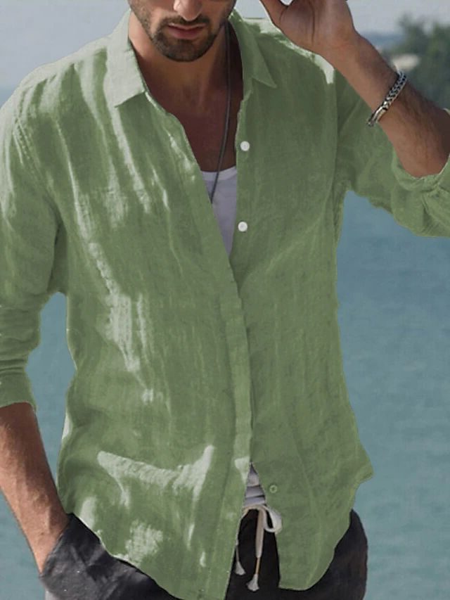 Linen Revere Collar Shirt for Men - Green