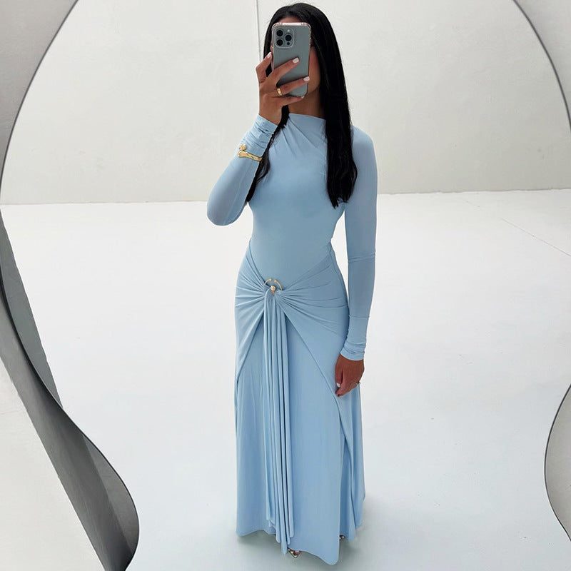 Long Sleeve Draped Waist Wedding Guest Maxi Dress for Women - Blue