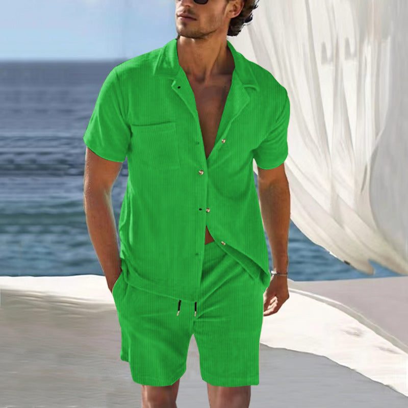 Linen Short Sleeve Cuban Collar Shirt and Bermuda Shorts Set for Men - View 2