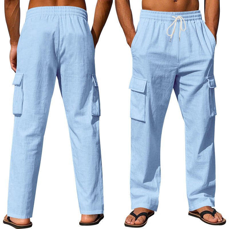 Linen Cargo Trousers with Side Pockets for Men - View 4