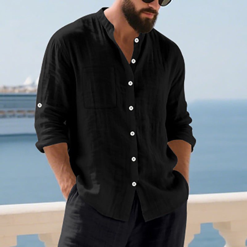 Linen Button-Down Shirt with Chest Pockets for Men - Black
