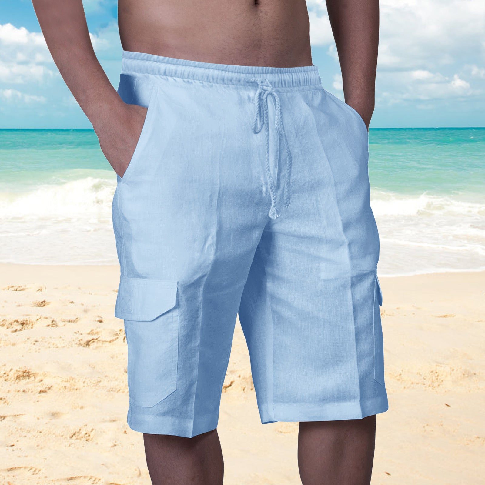 Linen Cargo Shorts with Welt Pockets for Men - Blue
