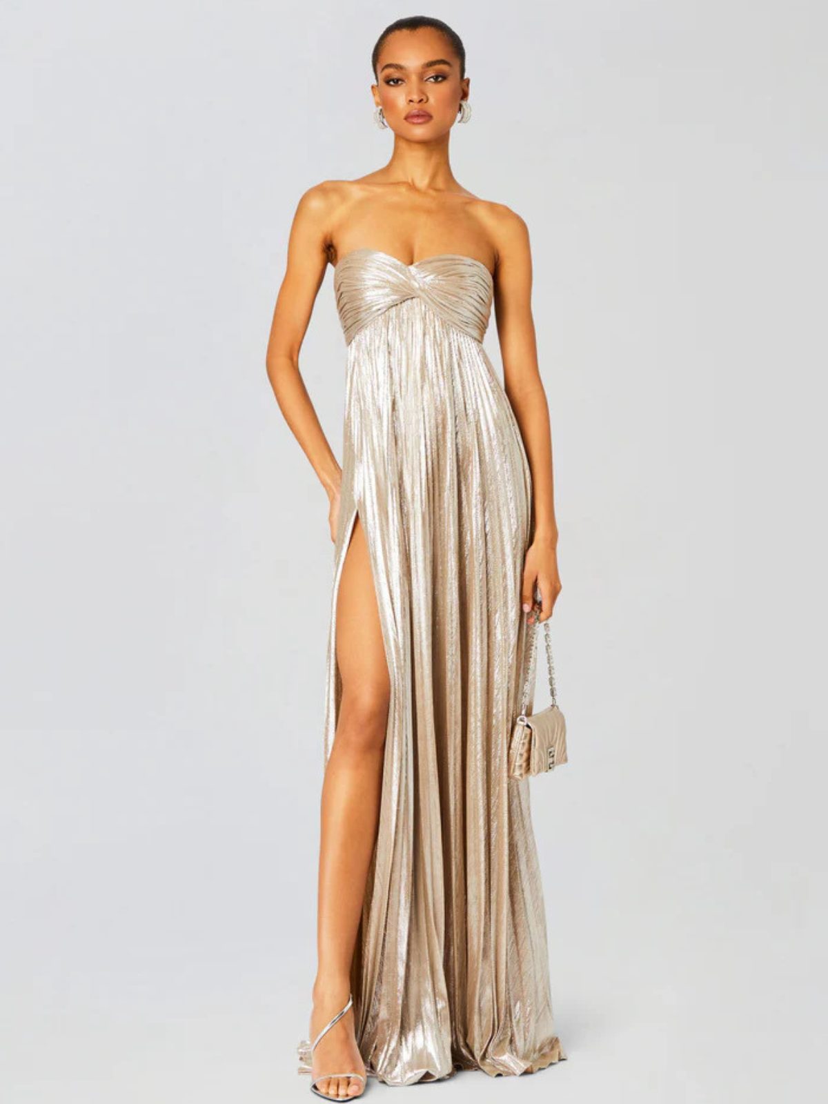 Strapless Wedding Guest Maxi Dress with Twisted Bodice and High Split for Women
