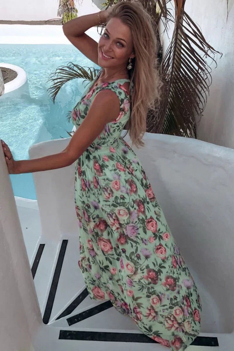 Sleeveless Floral Split Maxi Dress Wedding Guest for Women - Green