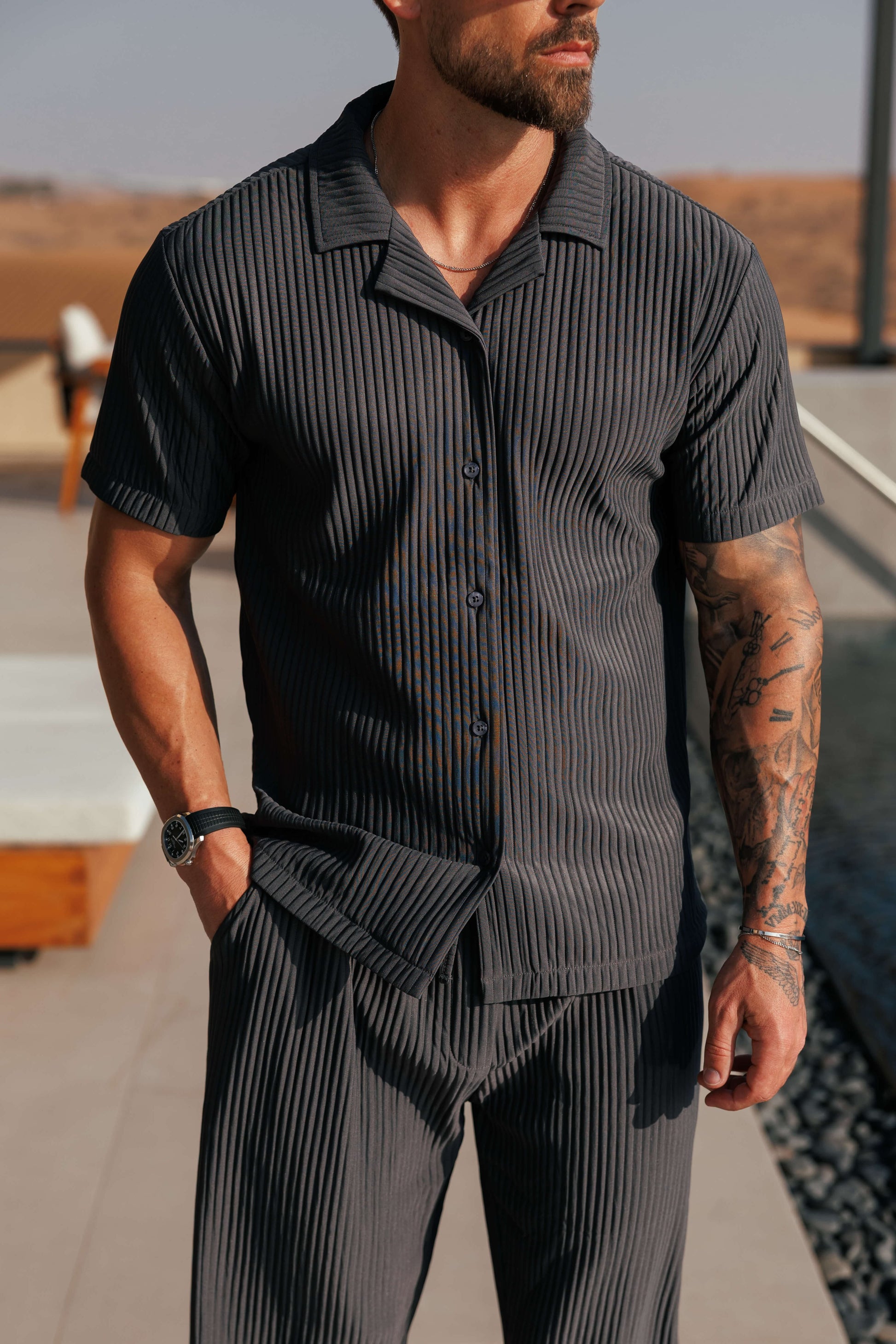 Pleated Short Sleeve Shirt Set for Men - View 2