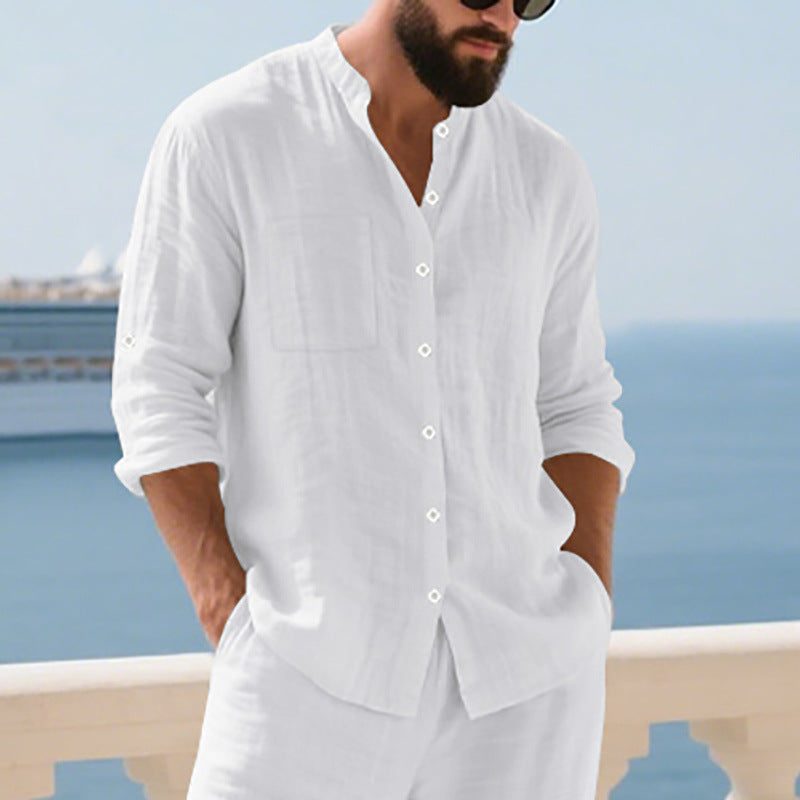 Linen Button-Down Shirt with Chest Pockets for Men - White