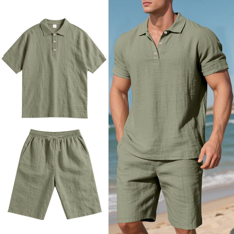 Linen Polo Shirt and Shorts Set for Men - Olive Green