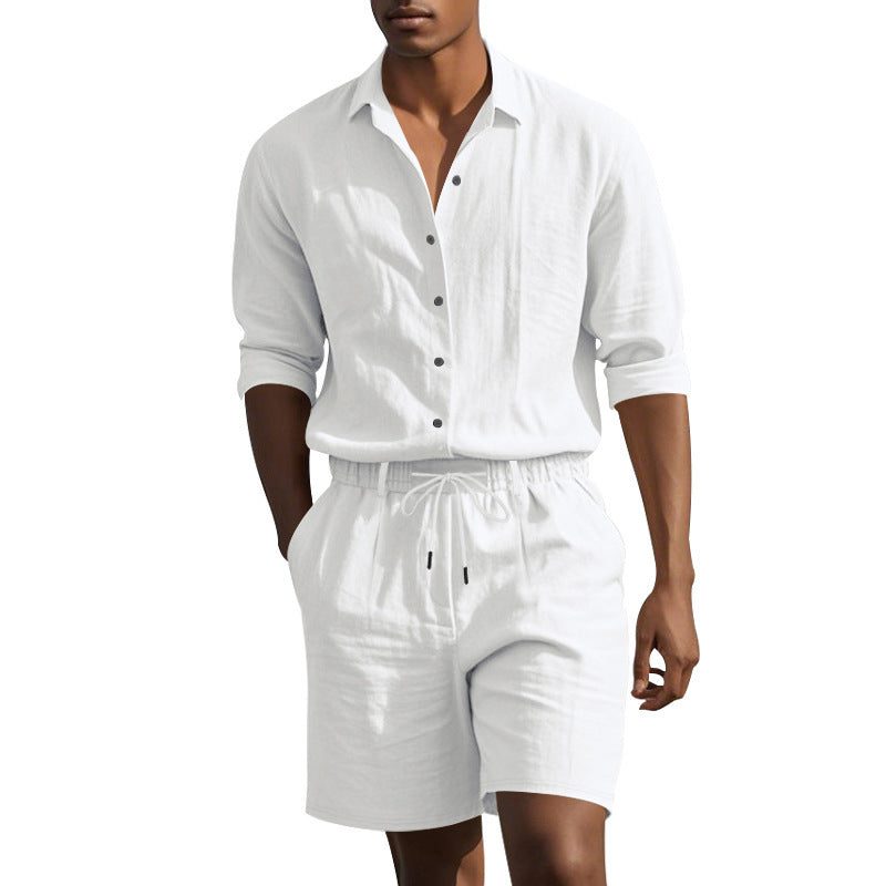 Linen Revere Collar Shirt with Drawstring Shorts Set for Men - View 3