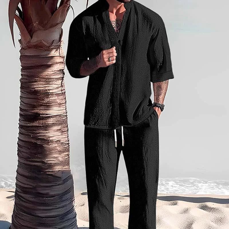 Cotton-Linen Short Sleeve Shirt and Trousers Set for Men - Black