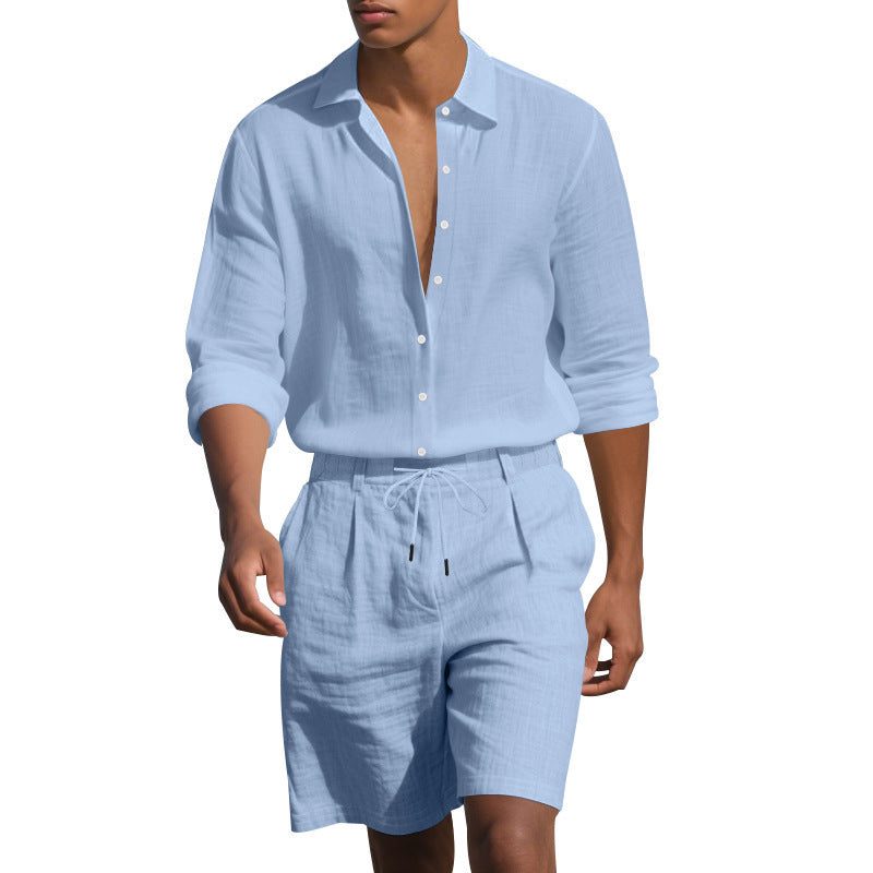 Linen Revere Collar Shirt with Drawstring Shorts Set for Men - Light Blue