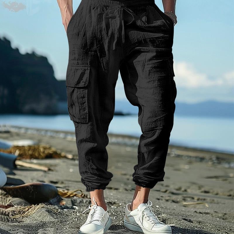 Linen Cargo Joggers with Drawstring for Men - Black