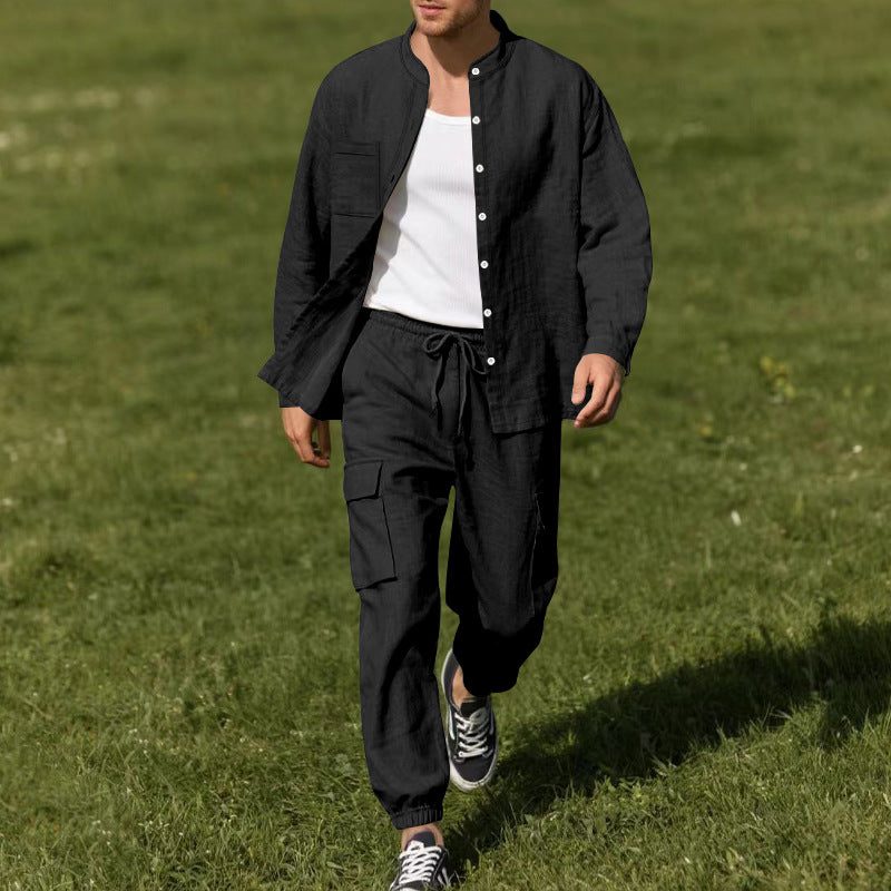 Linen Cargo Shirt and Trousers Set for Men - Black