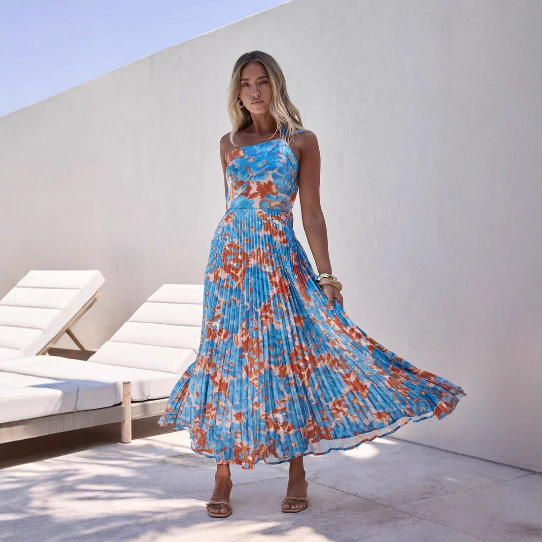 Halterneck Wedding Guest Pleated Floral Maxi Dress for Women
