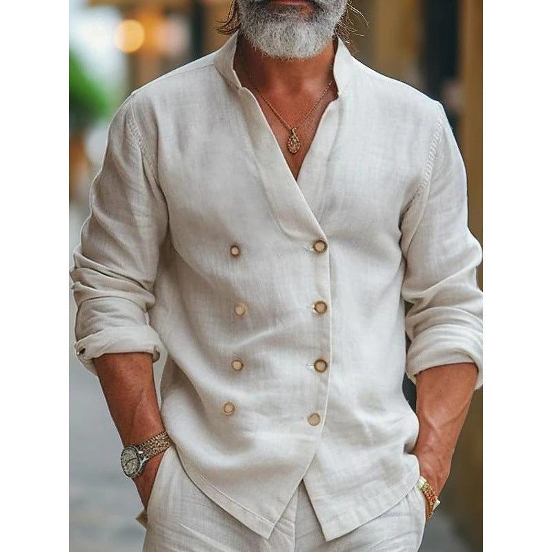 Double-Breasted Linen Shirt with Stand Collar for Men - View 3