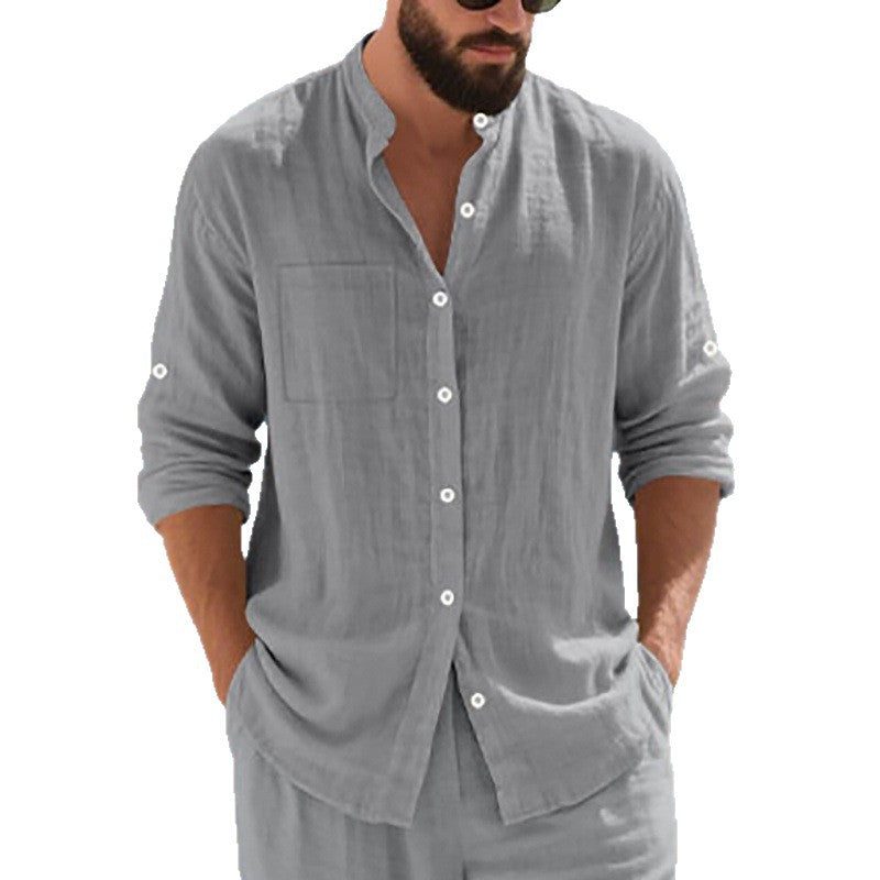 Linen Button-Down Shirt with Chest Pockets for Men - View 6
