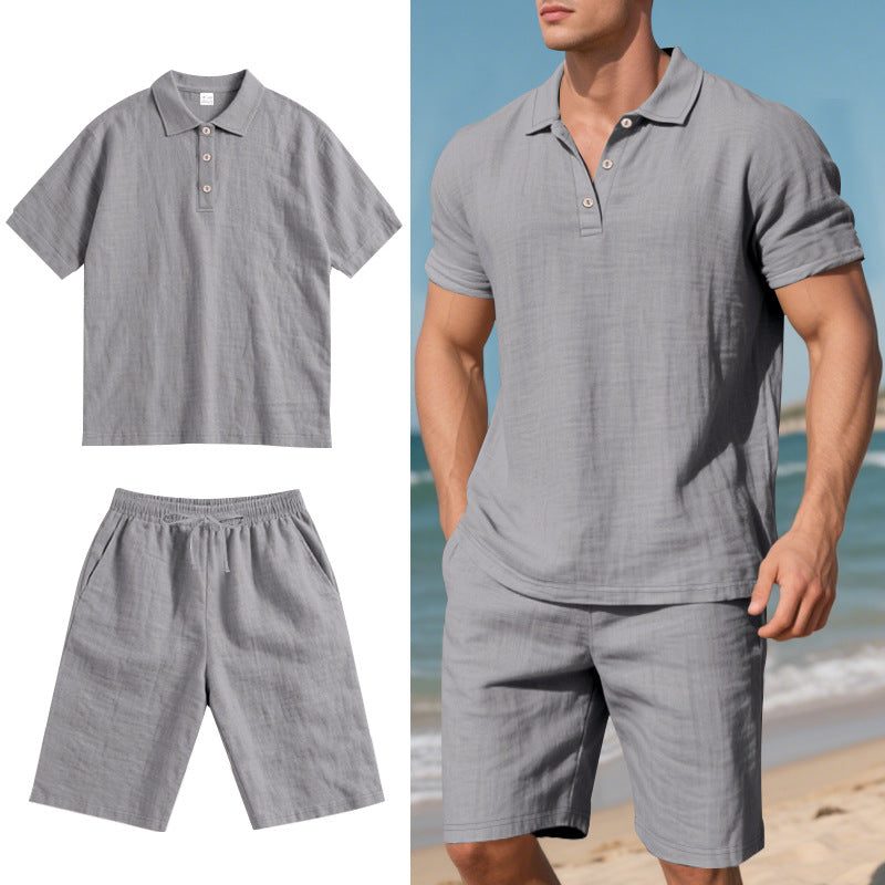 Linen Polo Shirt and Shorts Set for Men - Light Grey