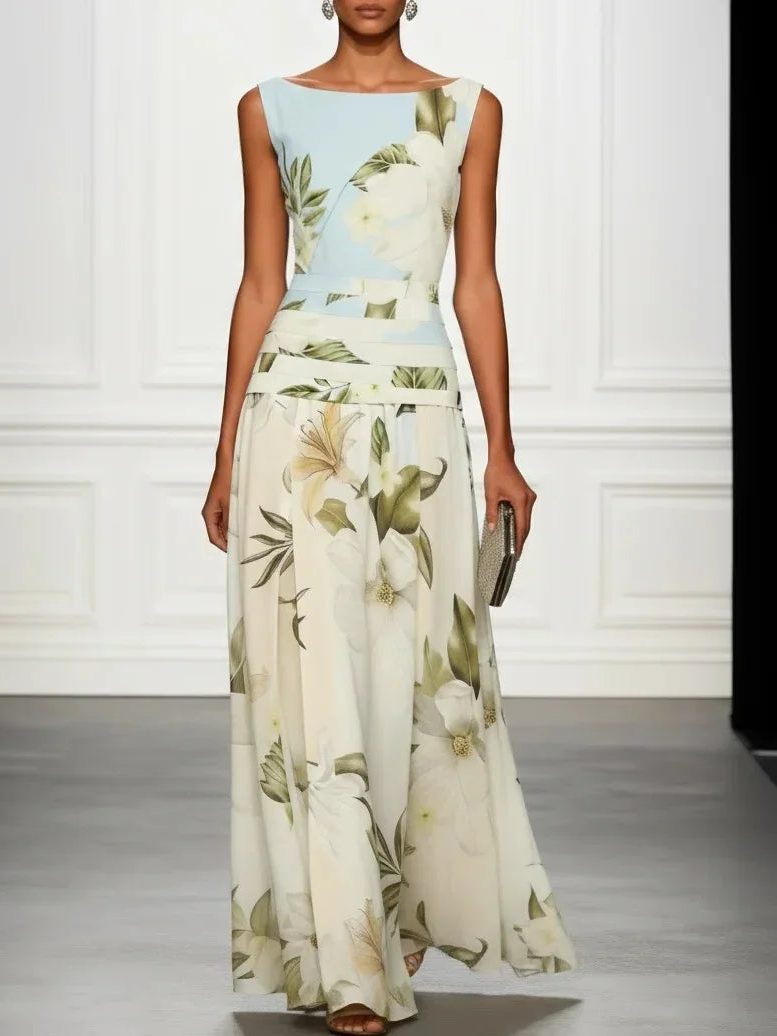 Belted Floral Maxi Dress for Women - Blue