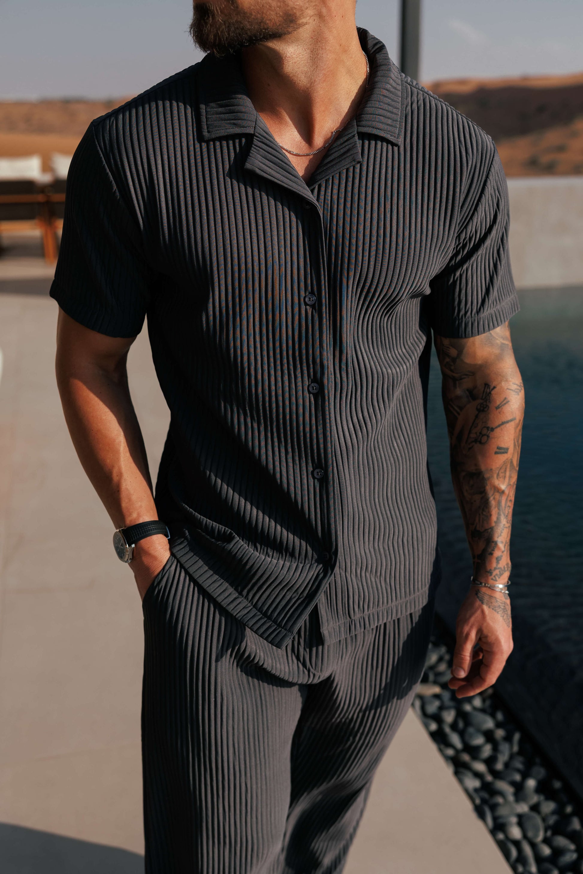 Pleated Short Sleeve Shirt Set for Men - View 3