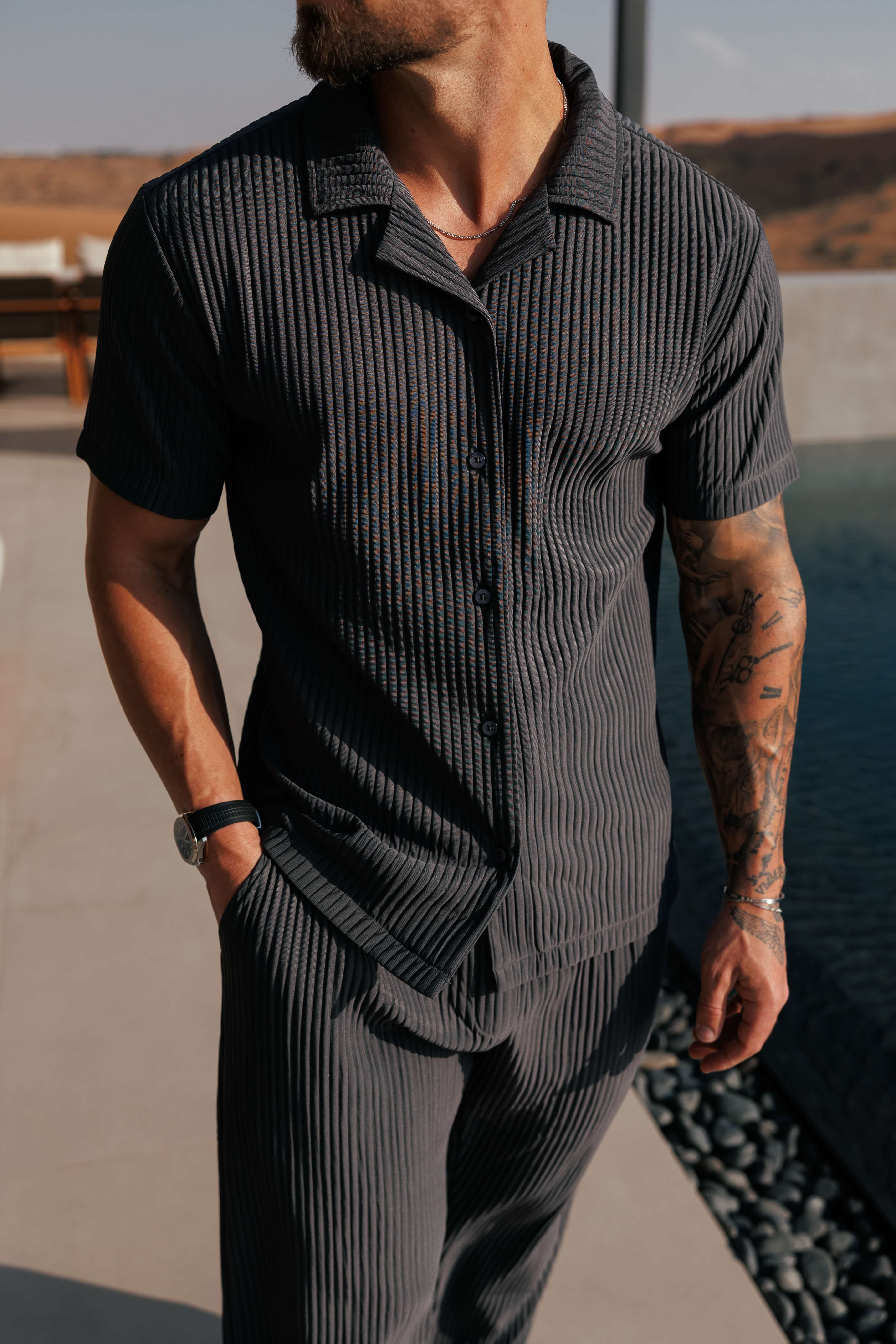 Pleated Short Sleeve Shirt Set for Men - View 3