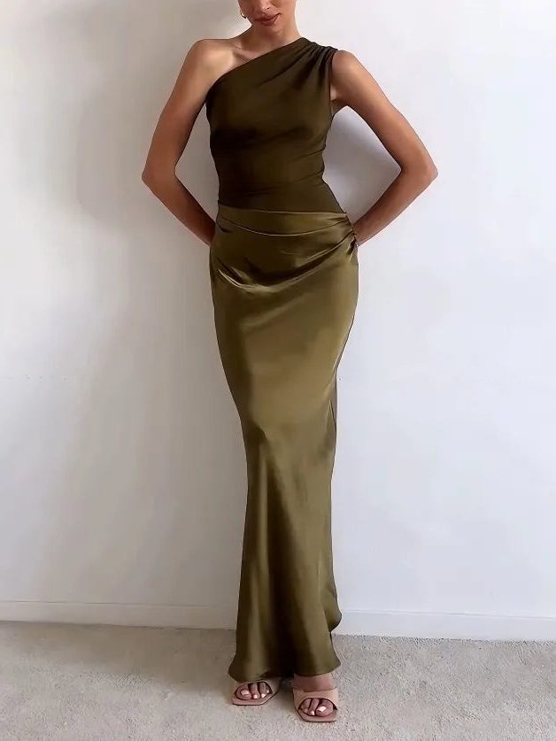 One Shoulder Pleated Wedding Guest Maxi Dress for Women - View 8