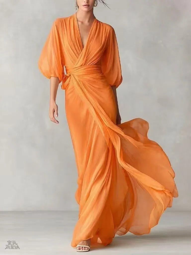 V-Neck Chiffon Maxi Wrap Dress for Women - Orange