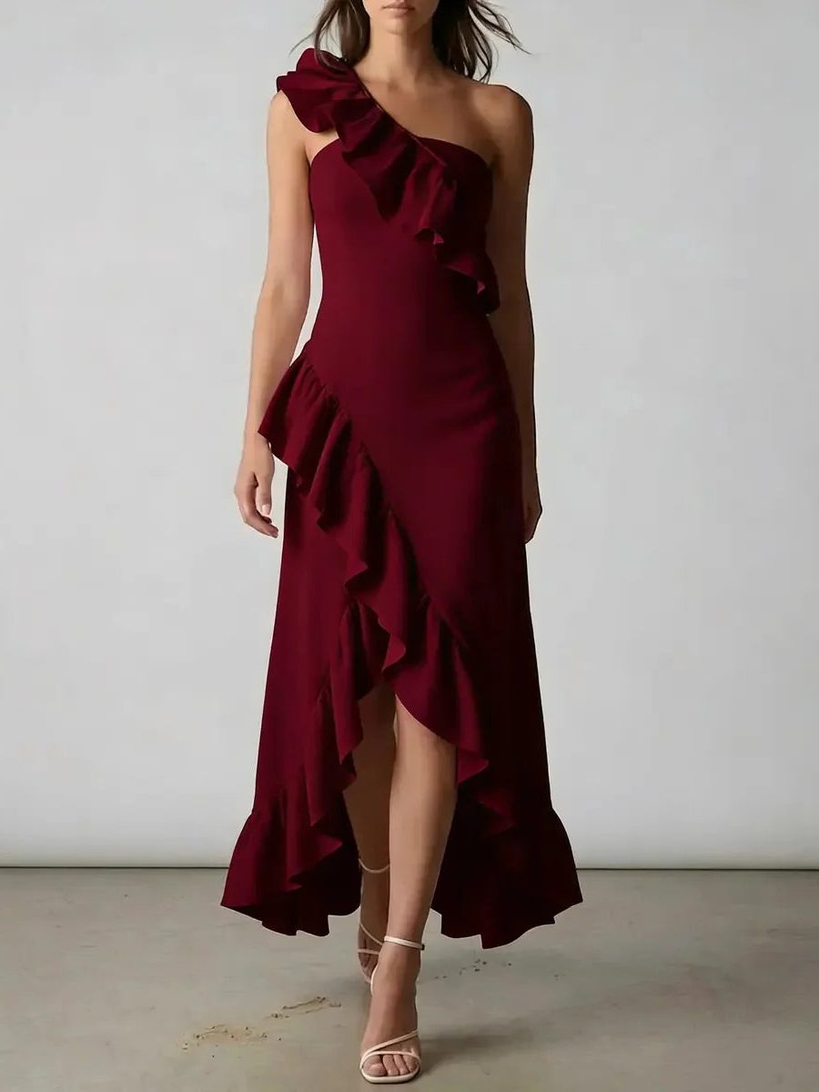 One-Shoulder Ruffle Midi Dress for Women - Red
