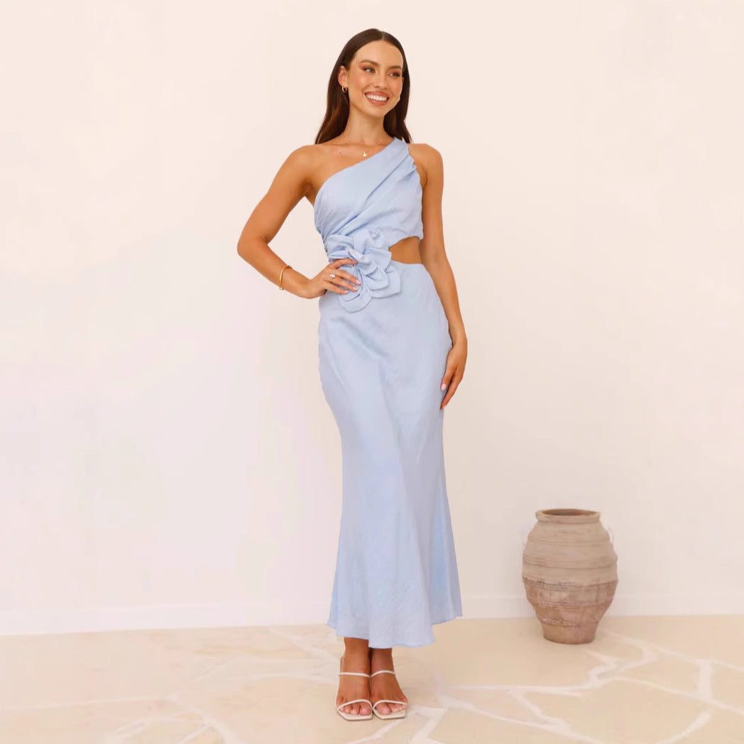 One-Shoulder Wedding Guest Maxi Dress with Floral Detail for Women - View 3