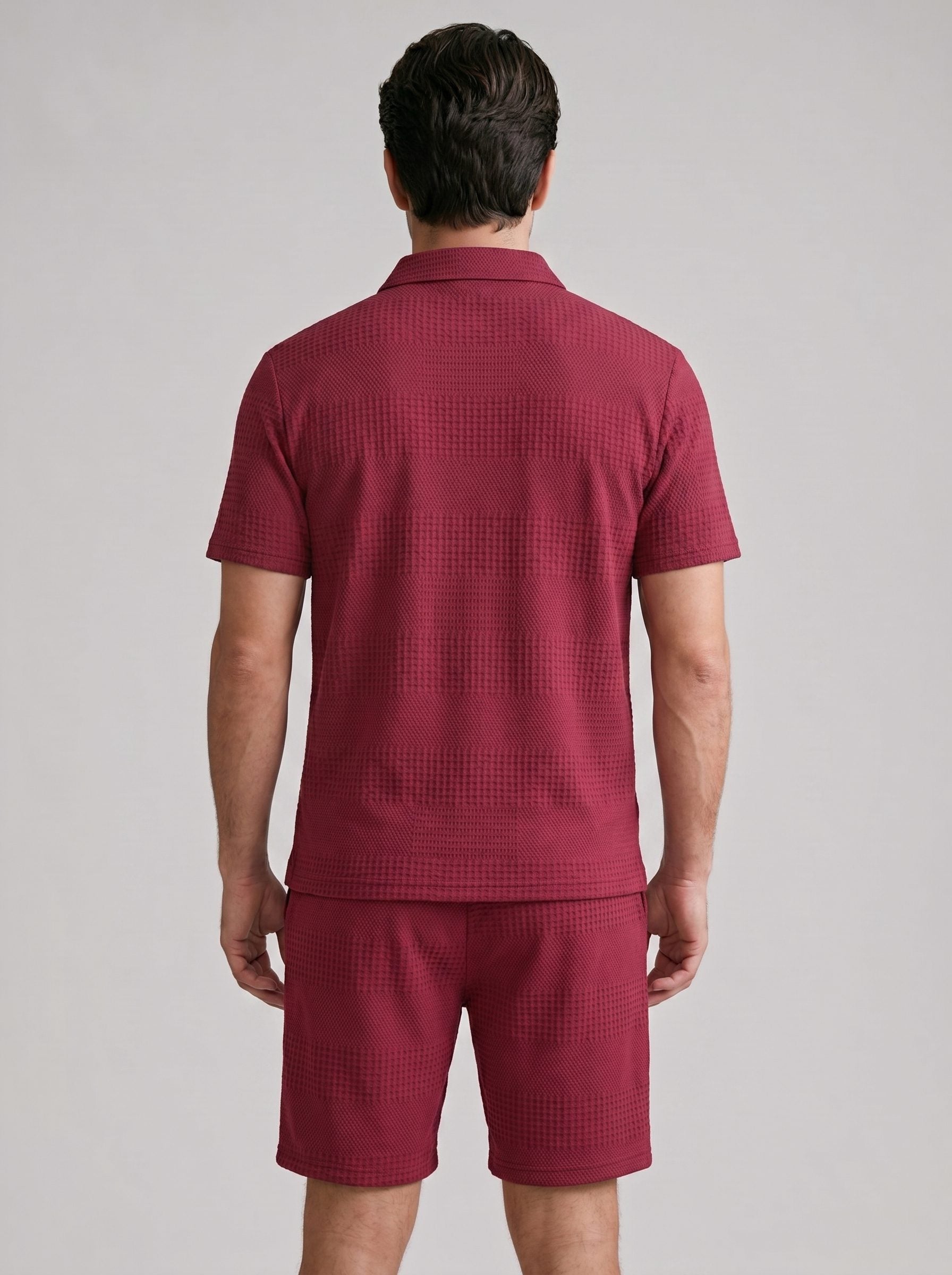 Textured Knit Polo Shirt and Shorts Set for Men - View 14